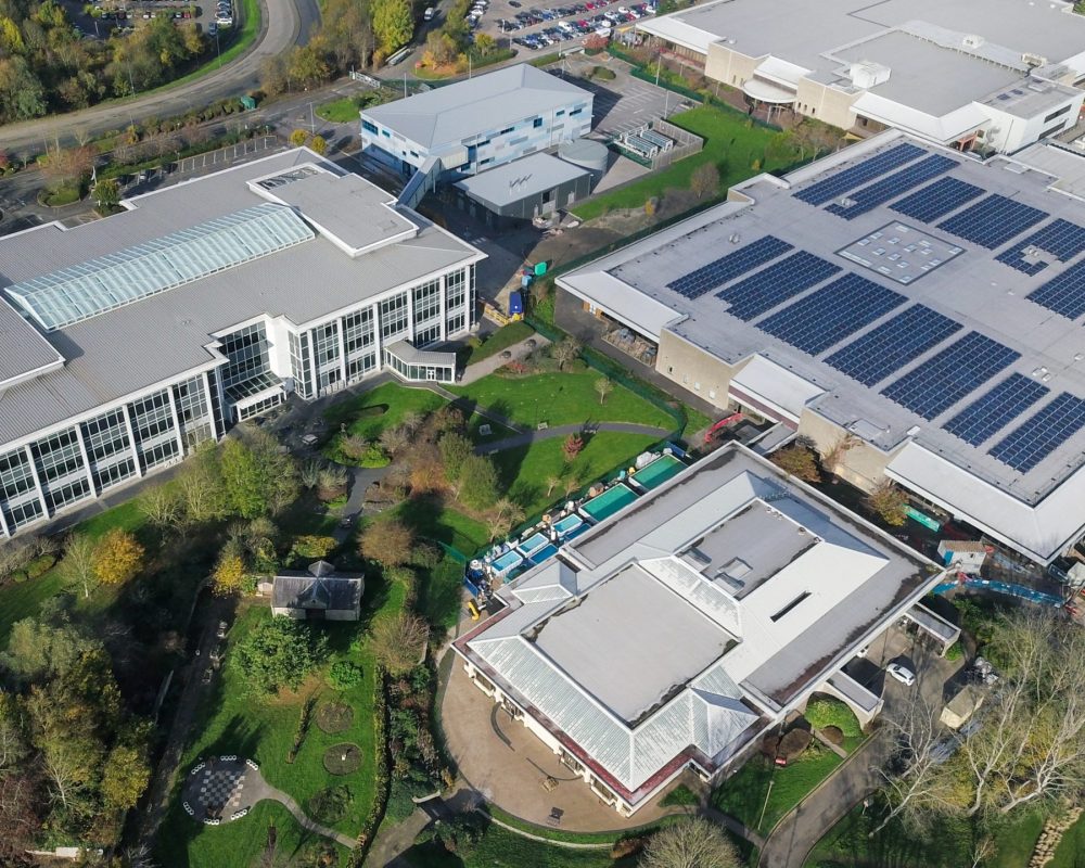 An aerial shot of industrial buildings in Bristol, England